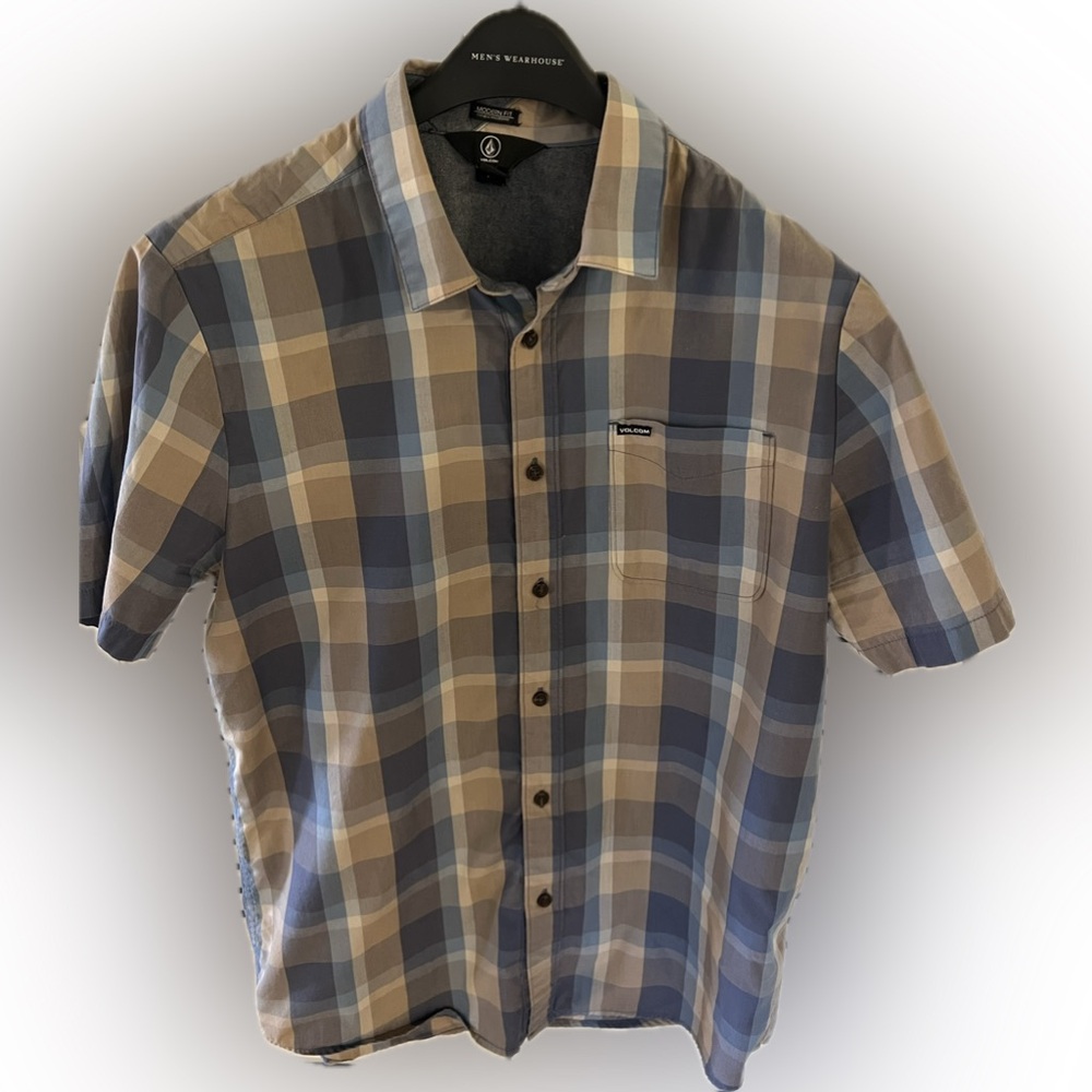 Volcom Men's Large Blue/Brown Modern Fit Short Sleeve Button-Up Shirt